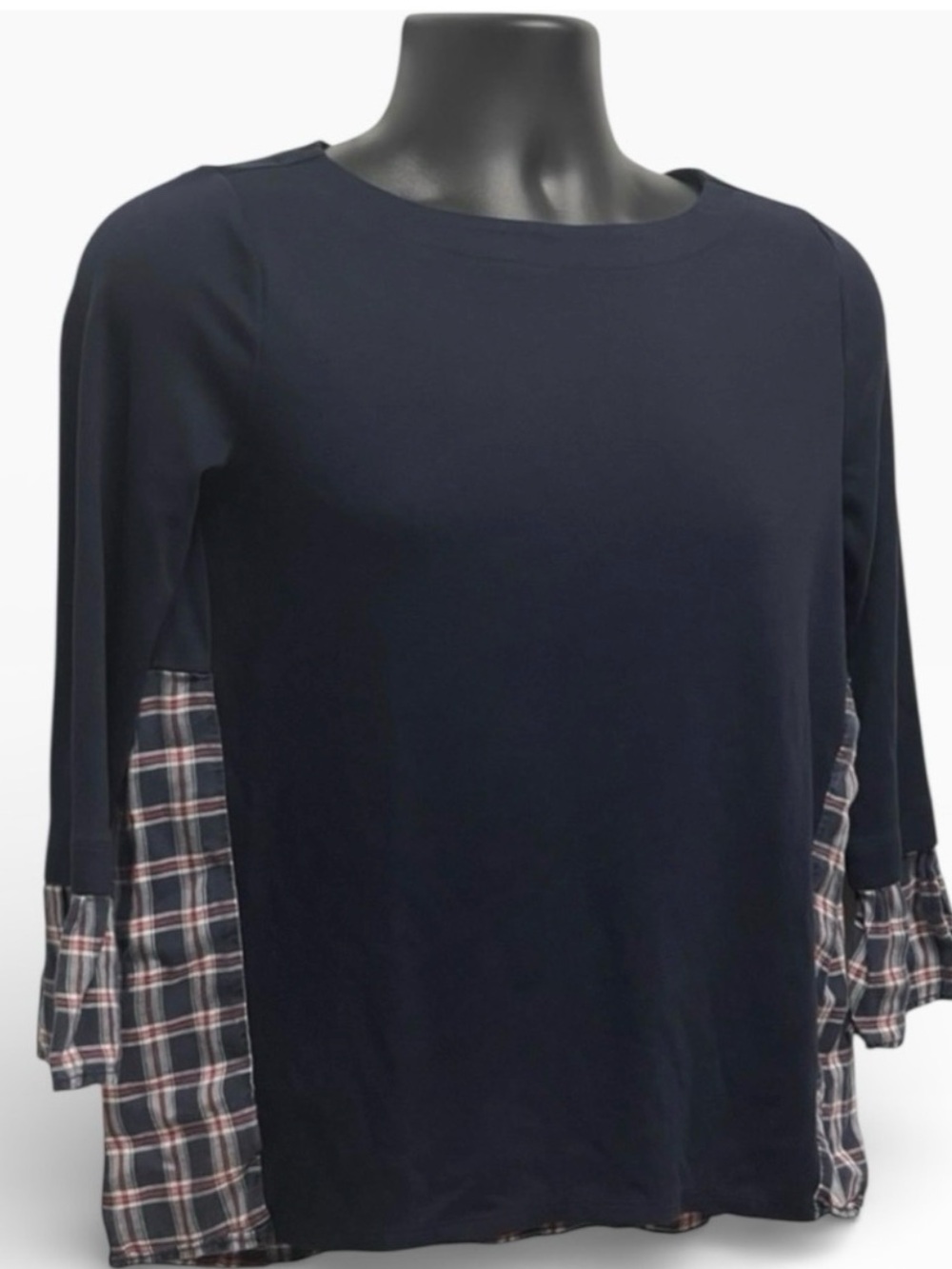 LOFT Navy Mixed Media Tunic Top XS Plaid Contrast Trim Long Sleeve Peplum Blouse - Picture 2 of 5